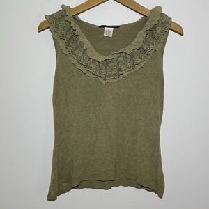 Y2K Silk Sleeveless Top Olive Green Tank Ruffle Lace Neck‎ Cottagecore Feminine